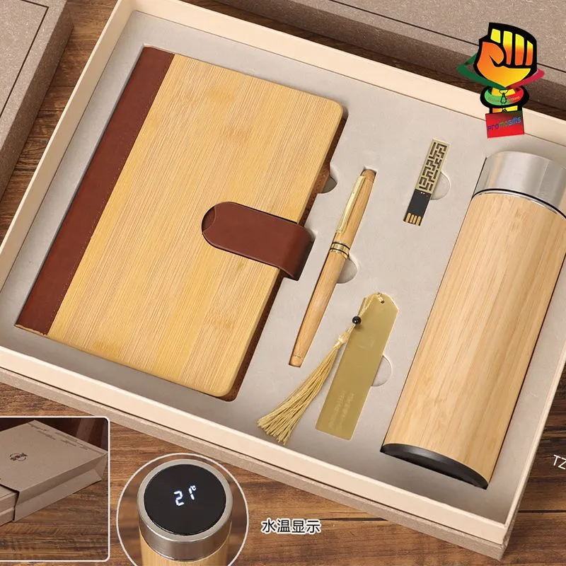 Luxury Business Office Thermos Cup Notebook Set Gift Wooden Cover Notebook with Pen