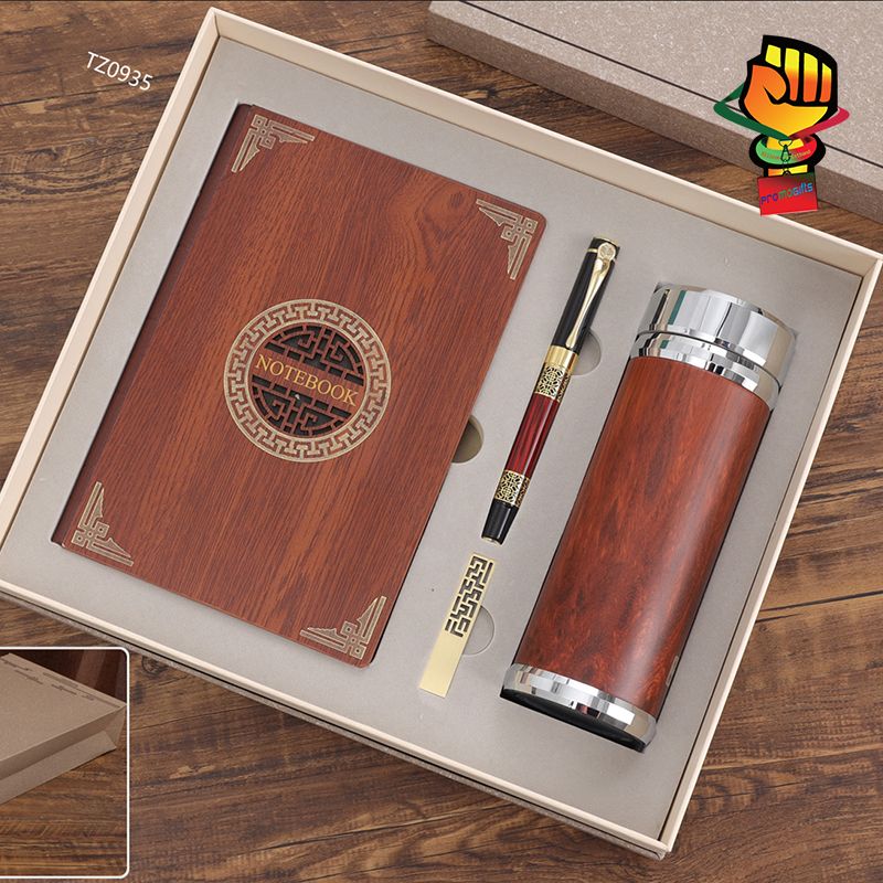 Luxury Business Office Thermos Cup Notebook Set Gift Wooden Cover Notebook with Pen